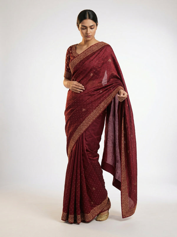 Vijithra Silk Maroon Red Stone Work  Border Designer Saree