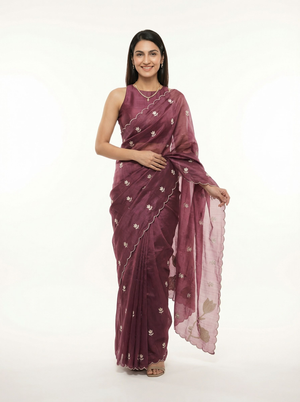 Organza Purple Floral Butti Designer Saree with Scalloped  Border