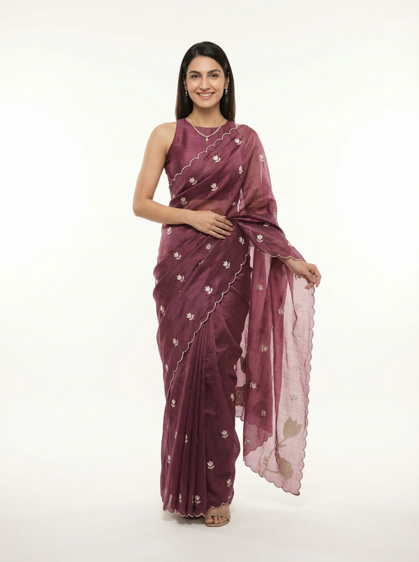 Organza Purple Floral Butti Designer Saree with Scalloped  Border