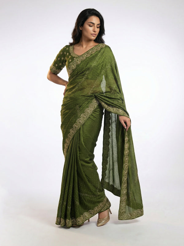 Vijithra Silk Dark Olive Green Stone Work Designer Saree