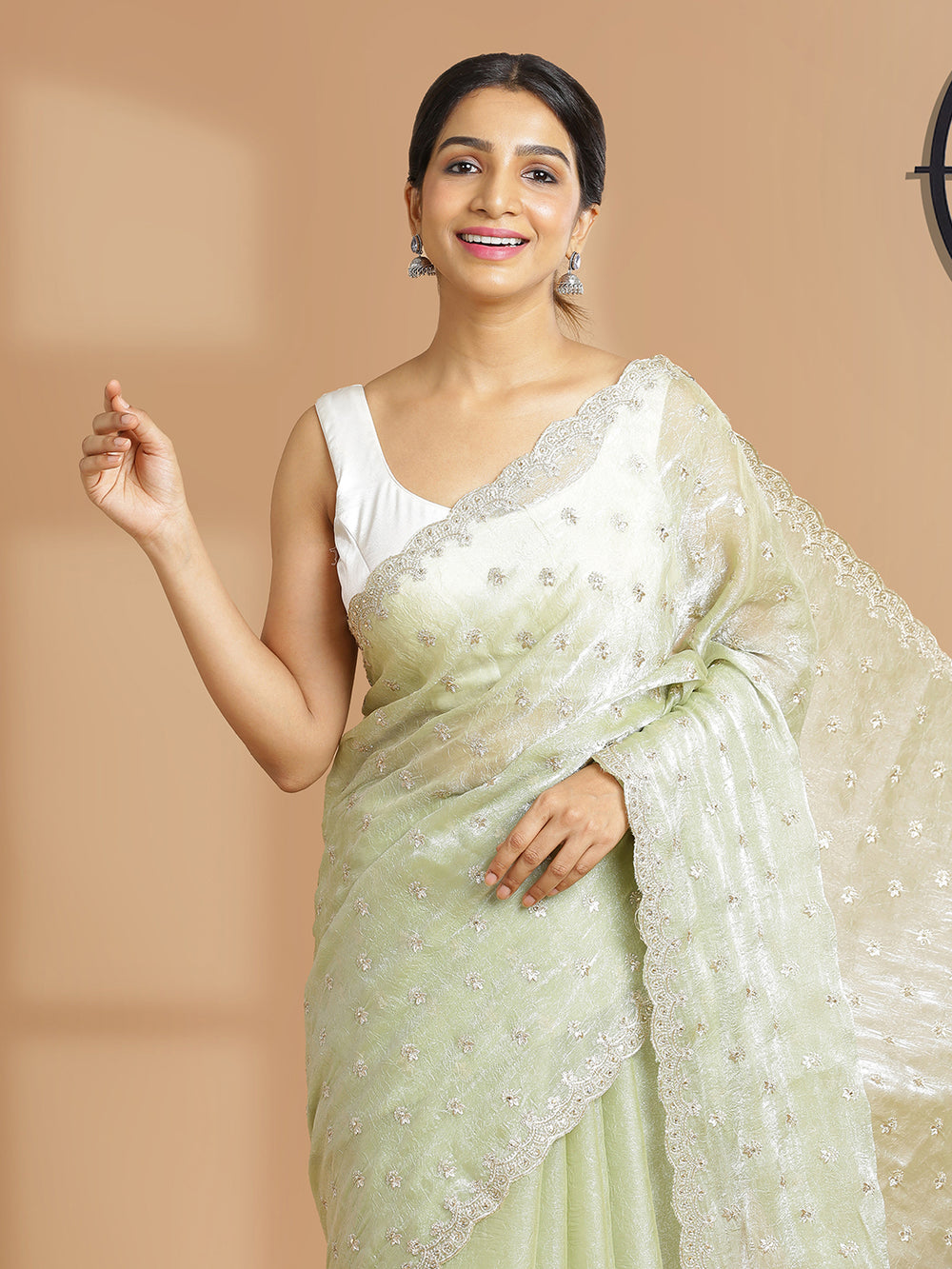 Pista Green Viscose Organza Saree With Thread Buttas And Stone Work Over Body
