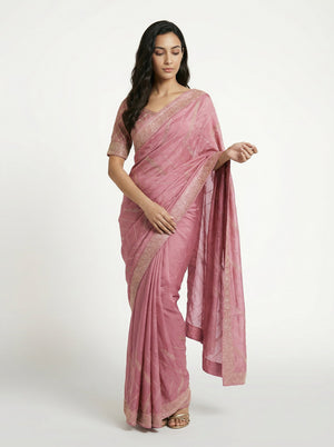 Vijithra Silk Dusty Rose Pink Geometric Shape Stone Work Designer Saree