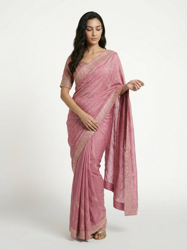 Vijithra Silk Dusty Rose Pink Geometric Shape Stone Work Designer Saree