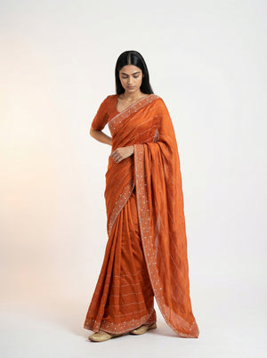Vijithra Silk Rust Orange Stone Work Pattern Designer Saree