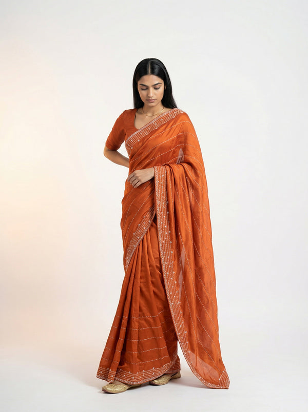Vijithra Silk Rust Orange Stone Work Pattern Designer Saree