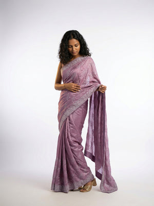 Vijithra Silk Dusty Rose Pink Leaf Pattern Stone Work Designer Saree