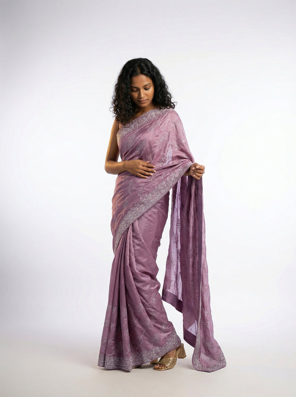 Vijithra Silk Dusty Rose Pink Leaf Pattern Stone Work Designer Saree