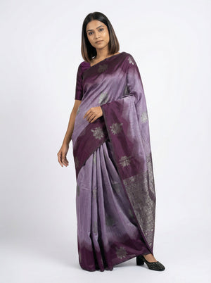 Semi Silk Women’s Lavender Saree with Contrast Wine Blouse