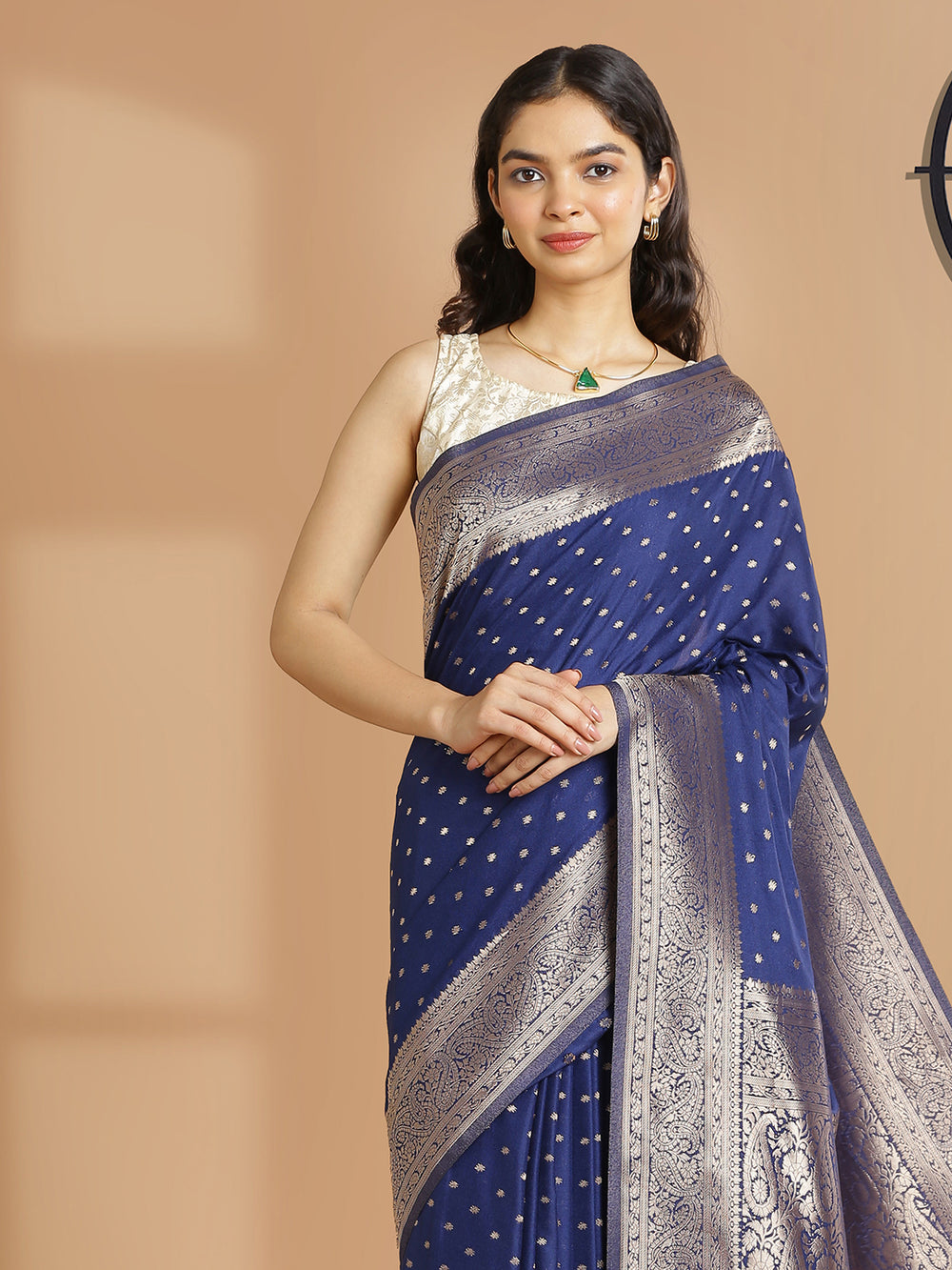 Navy Blue Georgette Banarasi Saree With Golden Polka Dots Over Body