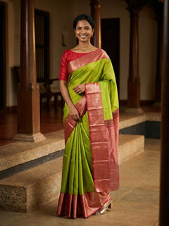 Kanjivaram Pure Silk Parrot Green and Pink Traditional Zari Saree
