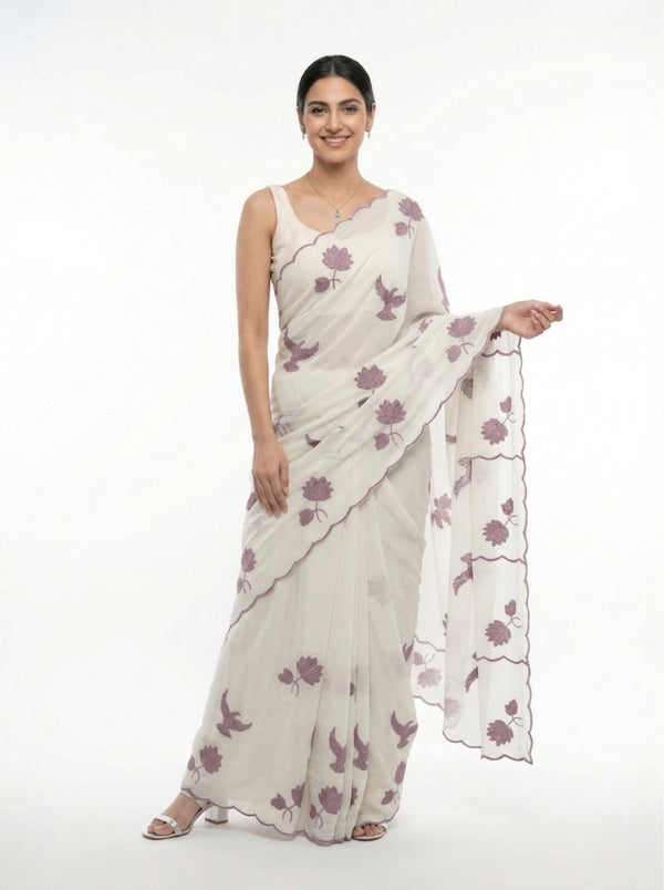 Organza Off White Floral Bird Print Designer Saree with Embroidered Border