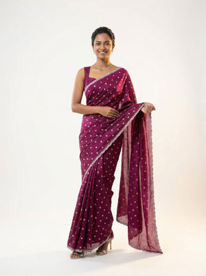 Shimmer Organza Wine Polka Dot Designer Saree with Embellished Border