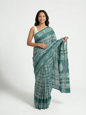 Chanderi Cotton Teal White Handblock Print Saree