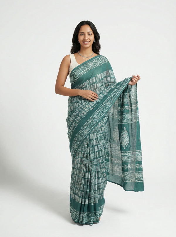 Chanderi Cotton Teal White Handblock Print Saree