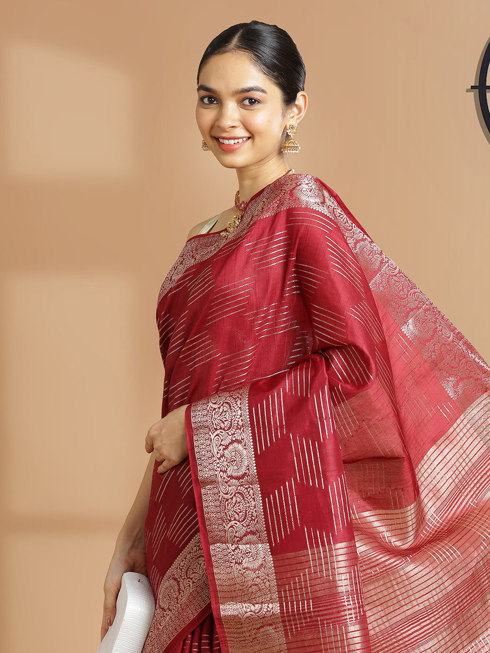 Dark Maroon Color Semi Tusser Silk Saree With Antique Color Thread Work Design Over Body