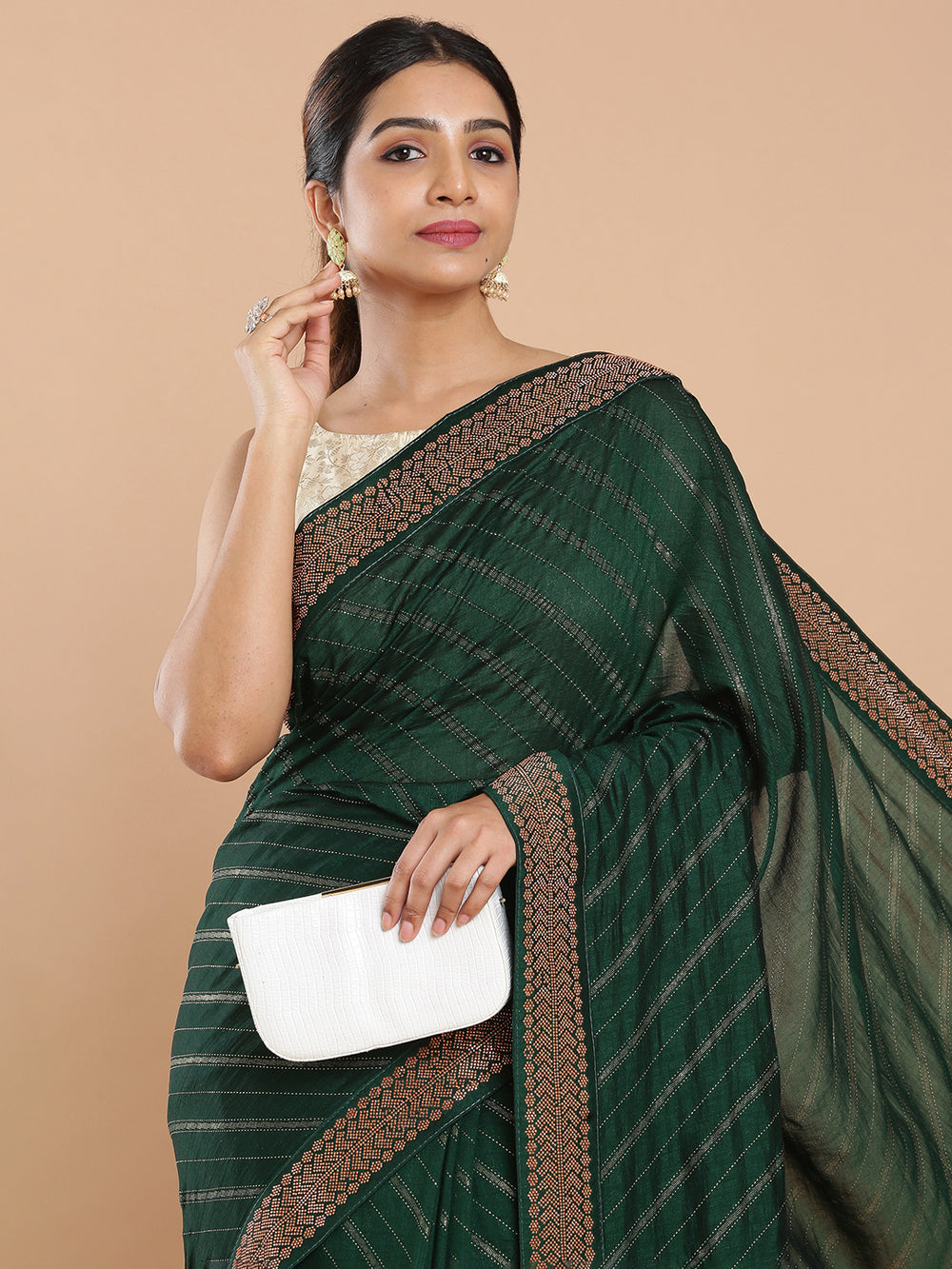 Bottle Green Color Vijithra Silk Saree With Metalic Glitter Glue Work All Over Design Saree