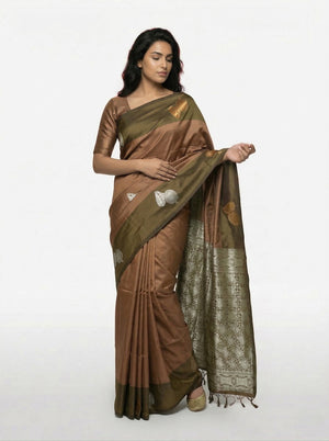 Art Silk Brown Butta Printed Saree with Contrast Border