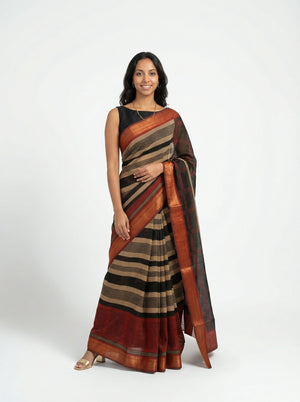 Chanderi Cotton Black Rust Striped Saree