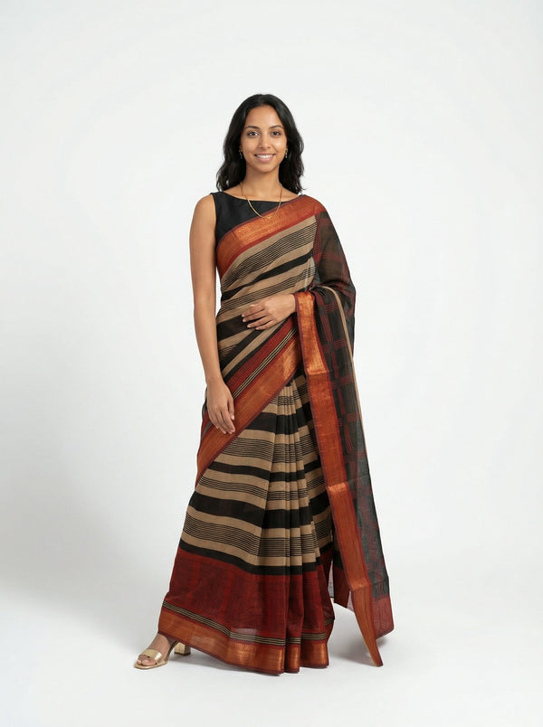 Chanderi Cotton Black Rust Striped Saree