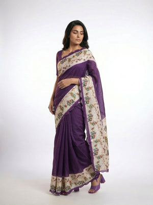 Cotton Silk Purple Ethnic Saree with Cultural Motif Border Design