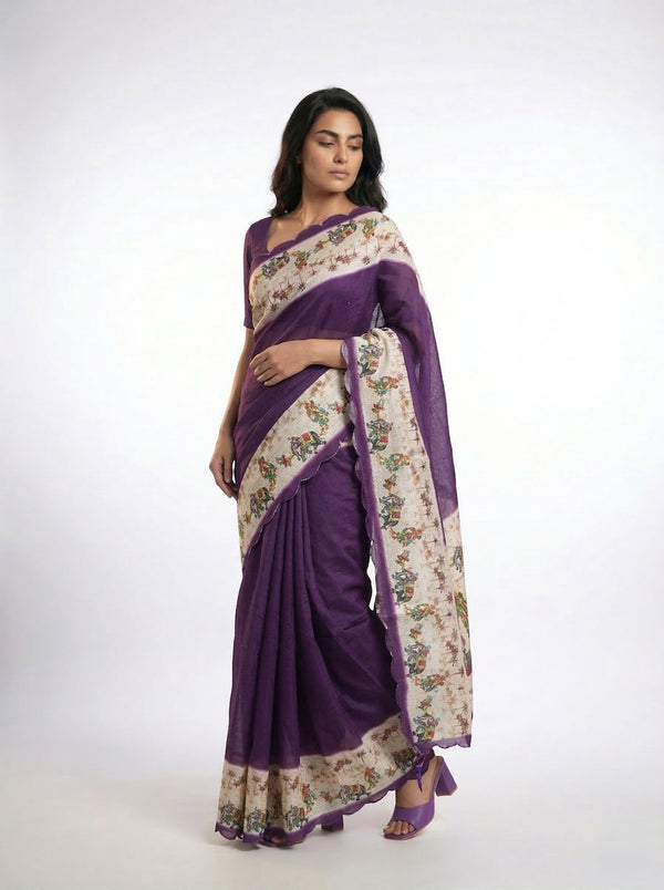 Cotton Silk Purple Ethnic Saree with Cultural Motif Border Design