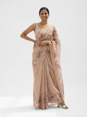 Chanderi Cotton Beige Abstract Floral Saree