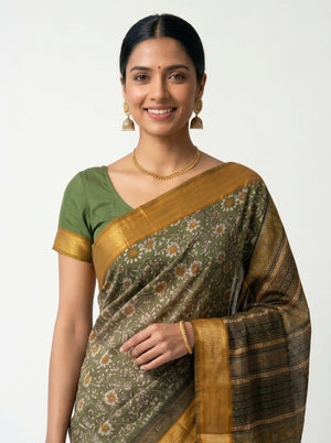 Chanderi Cotton Olive Green Floral Printed Saree