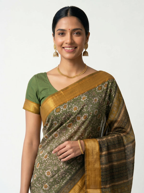 Chanderi Cotton Olive Green Floral Printed Saree
