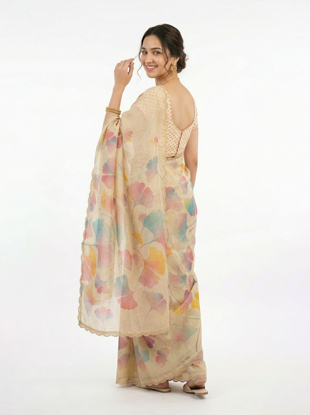 Tissue Cream Multicolor Floral Print Saree