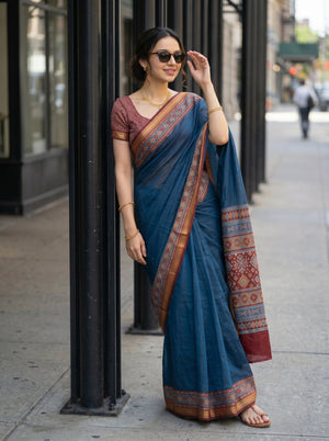Chanderi Teal Blue Ikat Border Saree