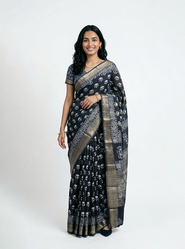 Chanderi Cotton Navy Blue Handblock Saree