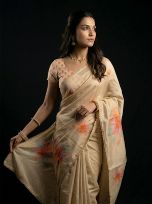 Tissue Beige Floral Print Border Saree