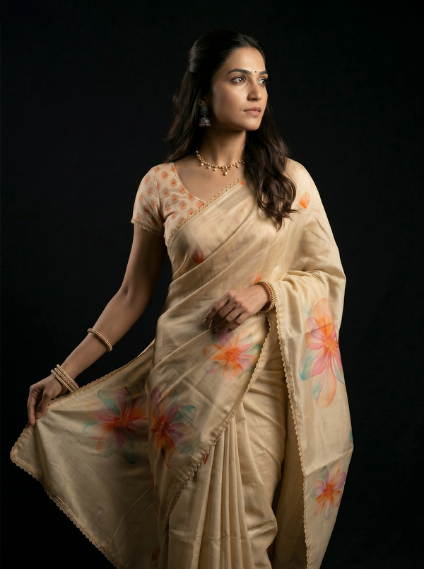 Tissue Beige Floral Print Border Saree