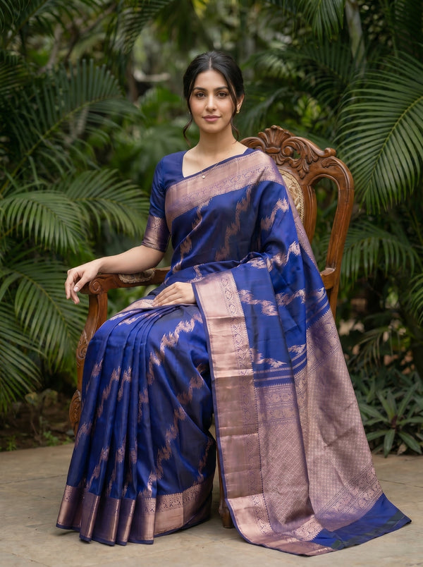 Kanjivaram Silk Royal Blue Saree with Traditional Zari Motifs
