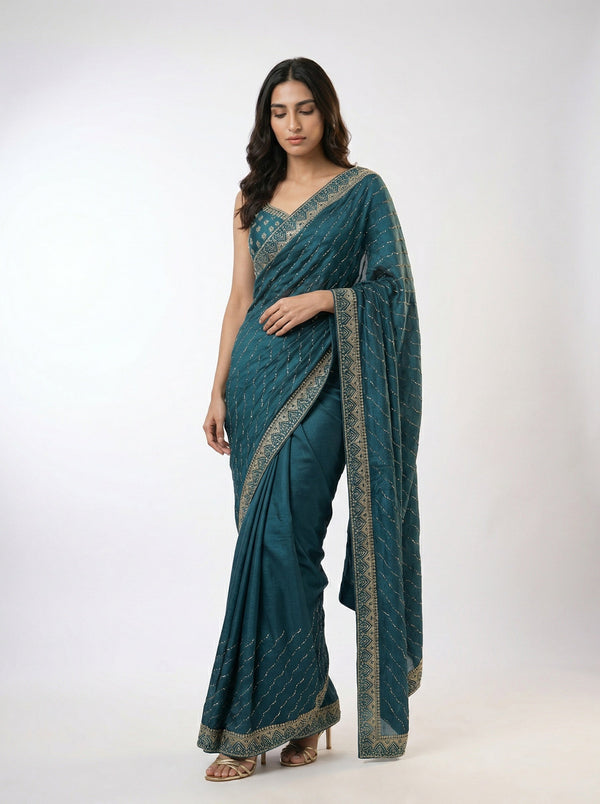 Vijithra Silk Peacock Blue Wave Design Stone Work Designer Saree