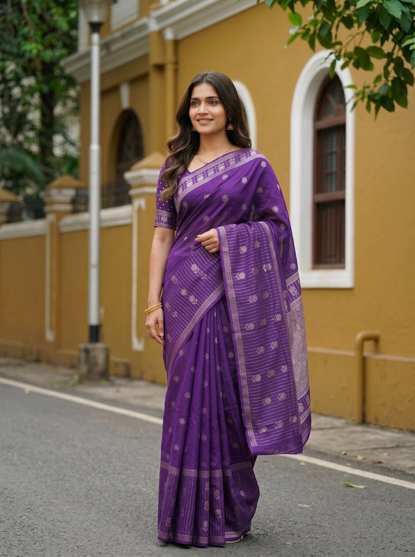 Semi Silk Violet Woven Butta Saree