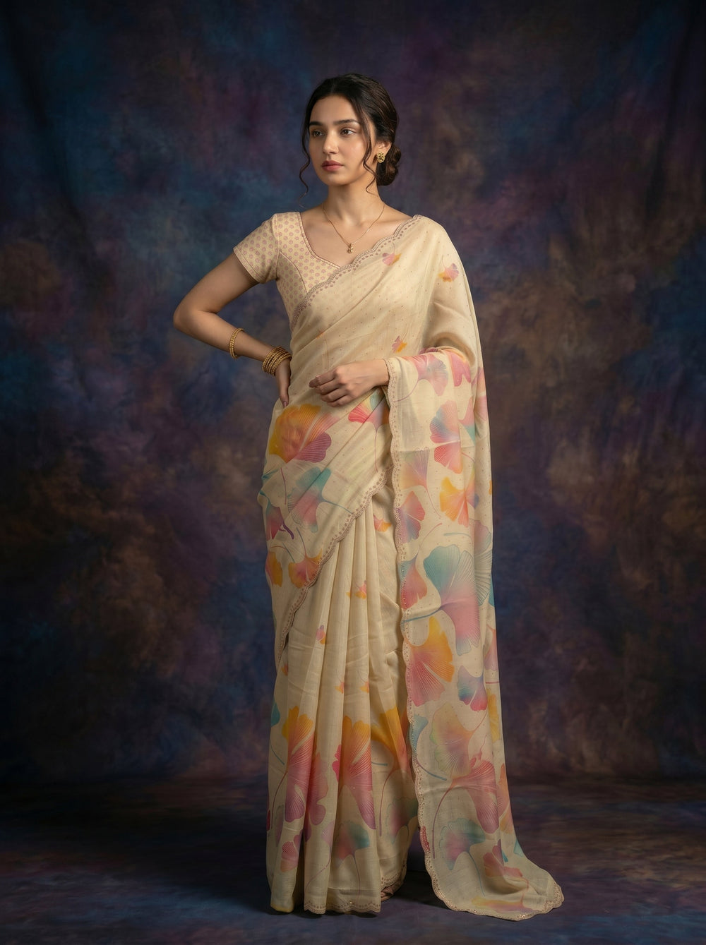 Tissue Cream Multicolor Floral Print Saree