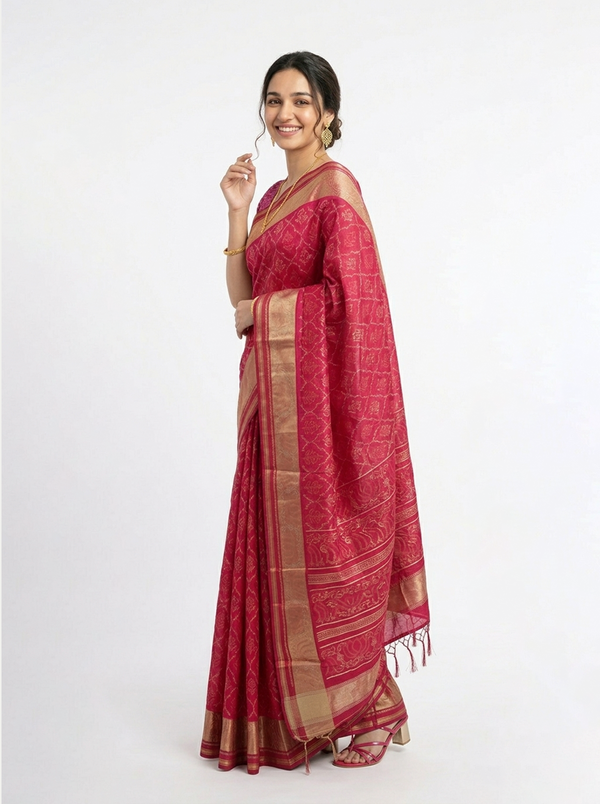 Chanderi Silk Crimson Red Traditional Zari Saree