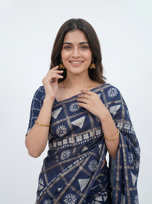 Chanderi Cotton Navy Blue Geometric Printed Saree