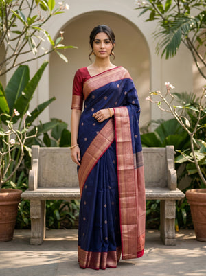 Kanjivaram Pure Silk Navy Blue Traditional Saree with Gold Woven Pallu