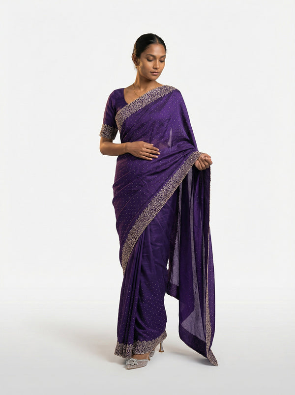 Vijithra Silk Violet Embroidered Saree with Intricate Floral Border