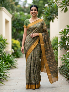 Chanderi Cotton Olive Green Floral Printed Saree