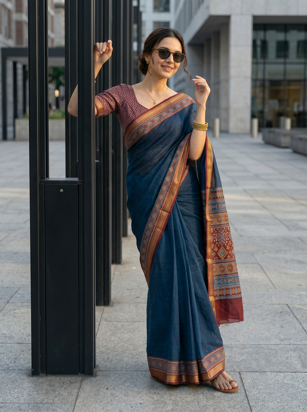 Woman in a blue saree with a brown border standing outdoors.