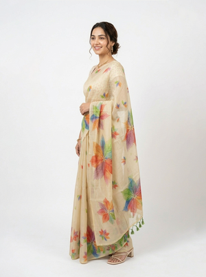 Tissue Beige Floral Leaf Design Saree