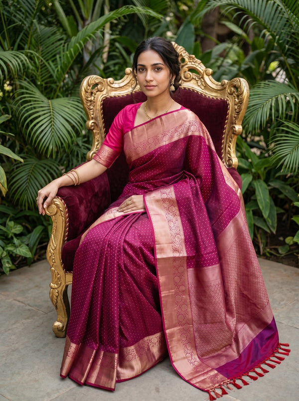 Kanjivaram Silk Magenta Pink Saree with Gold Zari Butta Design
