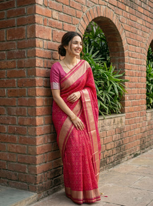 Chanderi Silk Crimson Red Traditional Zari Saree
