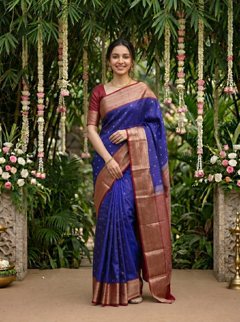 Kanjivaram Royal Blue Saree with Gold Zari Butta Pattern and Antique Gold Zari Border