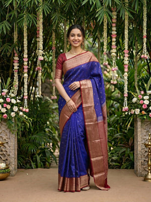 Kanjivaram Royal Blue Saree with Gold Zari Butta Pattern and Antique Gold Zari Border