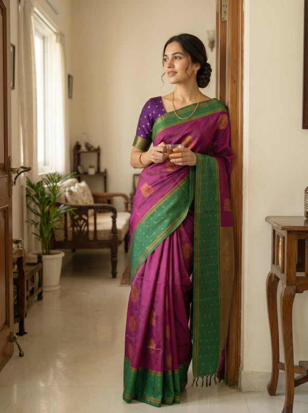 Woman in a purple and green saree standing in a room with wooden furniture and plants.