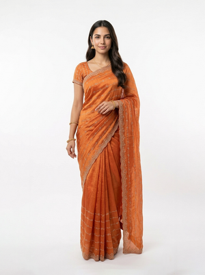 Organza Rust Orange Wave Pattern Stone Work  Designer Saree
